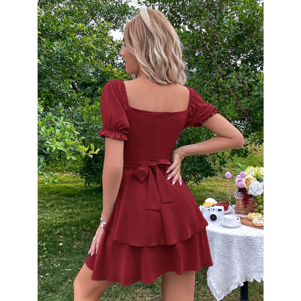 Sweetheart Neck Short Puff Sleeve Layered Hem Mini Dress light blue - Picture 11 of 11
